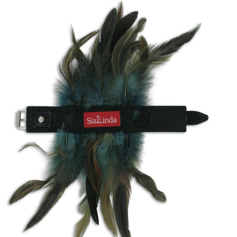 SiaLinda: Federarmband Zaha blau grau, mit Federn und schwarzem Leder, einstellbar - SiaLinda.com